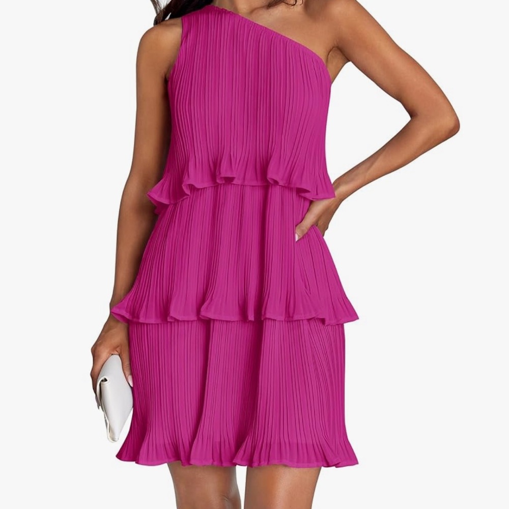 ZESICA Women's Sleeveless Mini Dress Boho One Shoulder Ruffle Tiered Dress